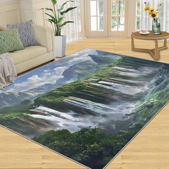 Waterfall Area Rug, Fantasy Canyon Cliffs Rug, Waterfall Landscape Rugs for Living Room, Indoor Non-Slip Rugs, Machine Washable Carpet for Front Entrance Floor Decor 2 x 3ft