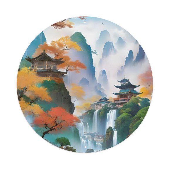 Waterfall Autumn Falls Appreciation Vintage Metal Tin Sign Plaque Wall Decor for Cafe, Club, Garden Round Metal Poster 8x8Inch