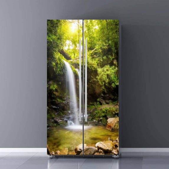 Waterfall Autumn Forest Refrigerator Wrap High Mountains and Flowing Water Fridge Sticker Full Door Cover Peel and Stick Mural