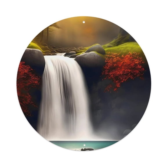 Waterfall Autumn Stream over Rocks Vintage Metal Tin Sign Plaque Wall Decor for Cafe, Club, Garden Round Metal Poster 8x8Inch
