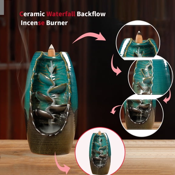 Waterfall Backflow Incense Burner Ceramic Smoke Censer Holder with Mountain Stream Design for Home Office Zen Meditation Relaxing Decor