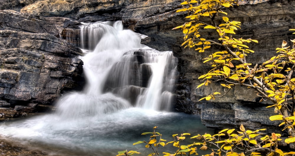 Waterfall Banff Alberta Canvas Art - Clarke Wiebe Design Pics (42 x 22)