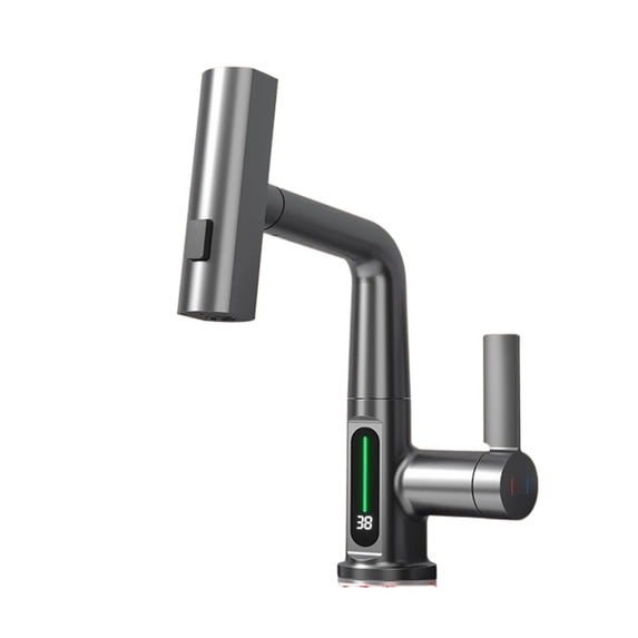 Waterfall Basin Faucet Pull-Out Kitchen & Bathroom Faucet, Rainfall Temperature Digital Display No Battery SUS604 Stainless Steel