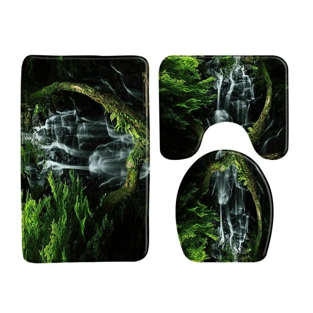 Waterfall Bath Mat Green Forest Tree Fall Summer Nature Scenery