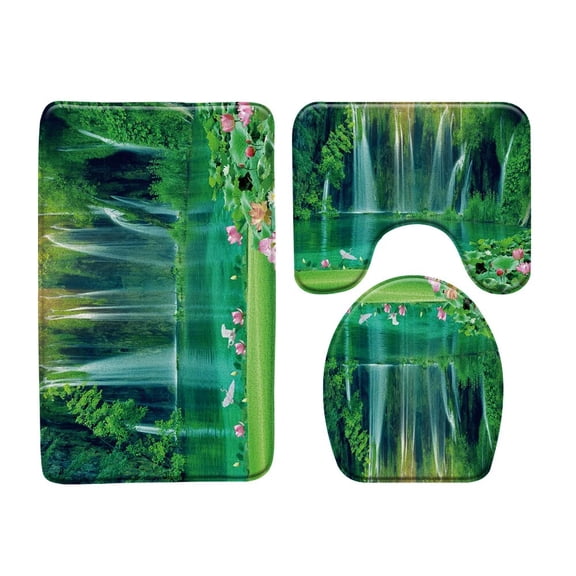 Waterfall Bath Mat Green Forest Tree Fall Summer Nature Scenery Bathroom Rug Bath Decor Toilet Mat Non Slip Carpet Absorb Water