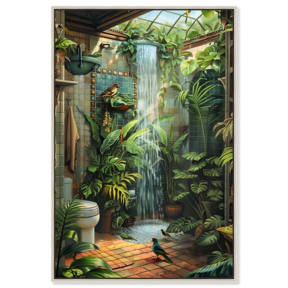 Waterfall Bathroom Canvas Jungle Bathroom Art by Art Remedy, Silver Frame, 16" x 24"
