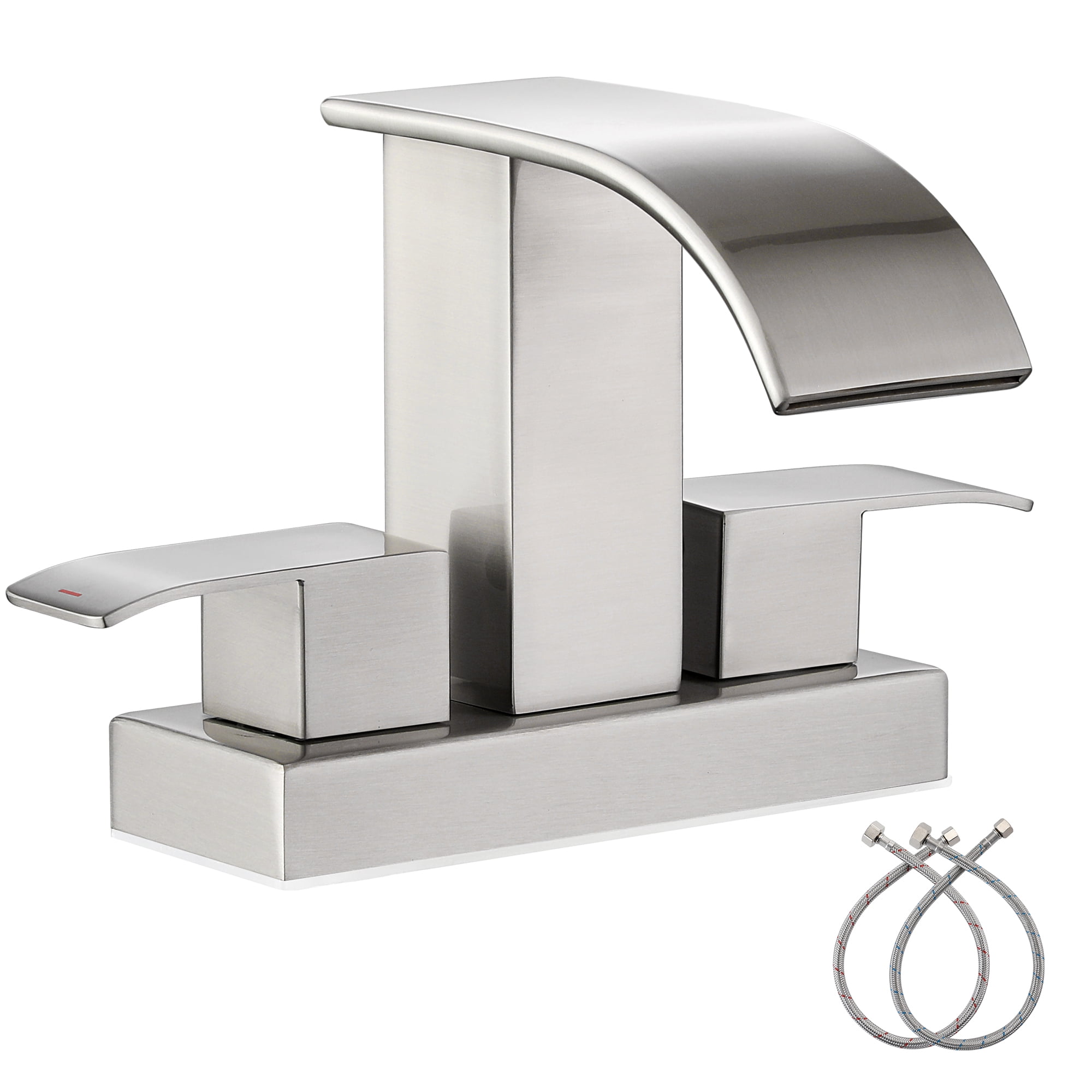 Waterfall Bathroom Faucet - 2 Handle 4 Inch Centerset Faucet for Lavatory Bathroom Sink, with cUPC Faucet Supply Line Hoses for Bathroom Restroom Vanity Lavatory, Brushed Nickel