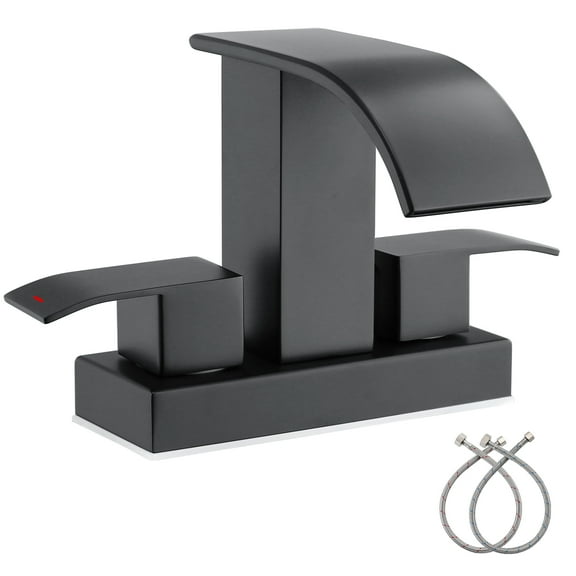 Waterfall Bathroom Faucet - 2 Handle 4 Inch Centerset Faucet for Lavatory Bathroom Sink, with cUPC Faucet Supply Line Hoses for Bathroom Restroom Vanity Lavatory, Matter Black
