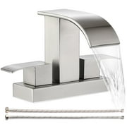 Waterfall Bathroom Faucet - 2 Handle 4 Inch Centerset Faucet for Lavatory Bathroom Sink, with cUPC Faucet Supply Line Hoses for Bathroom Restroom Vanity Lavatory, Brushed Nickel