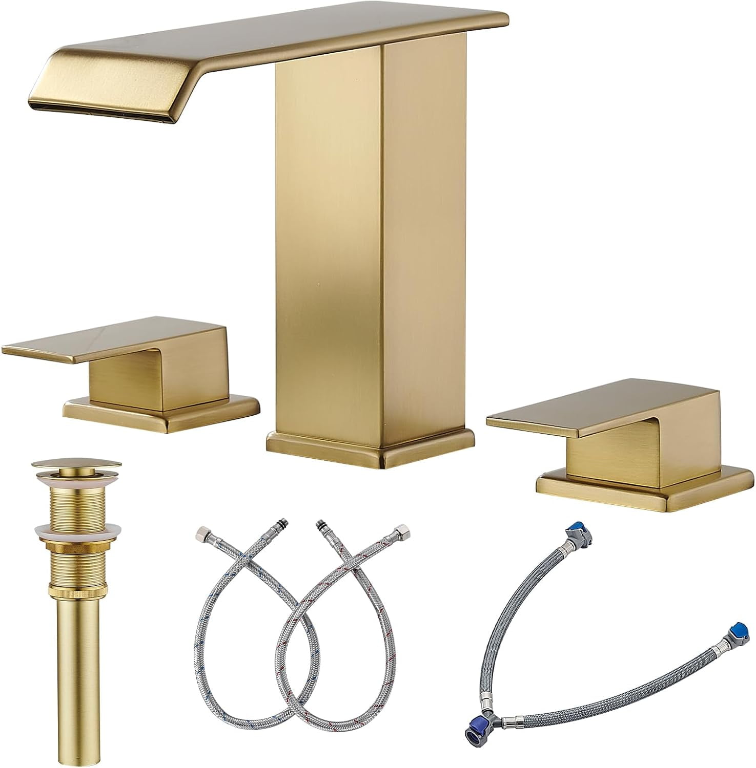 Waterfall Bathroom Faucet 3 Hole, Brushed Gold 8 Inch Widespread ...