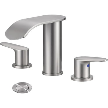 Waterfall Bathroom Faucet 3 Holes 8Inch Widespread Bathroom Sink Faucet, Two Handles Brushed Nickel Bathroom Faucet with Pop-up Drain & Supply Hoses, Modern Faucet Mixer Taps Brushed Nickel