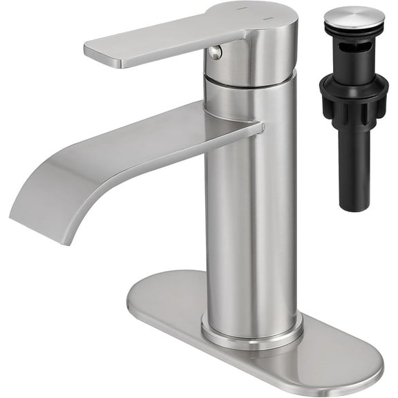 Waterfall Bathroom Faucet Brushed Nickel, Single Handle 1 or 3 Hole Modern Sink Faucet with Deck Plate & Pop-Up Drain, Vanity Washbasin Tap