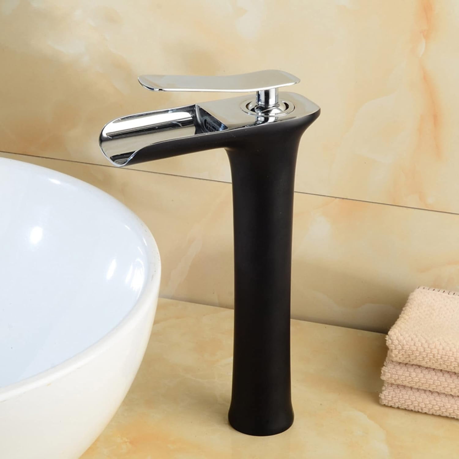 Waterfall Bathroom Faucet, Hot and Cold Sink Mixer Tap Faucet, Solid Brass, Waterfall Single Handle Bathroom Sink Faucet Tall, Black Silver