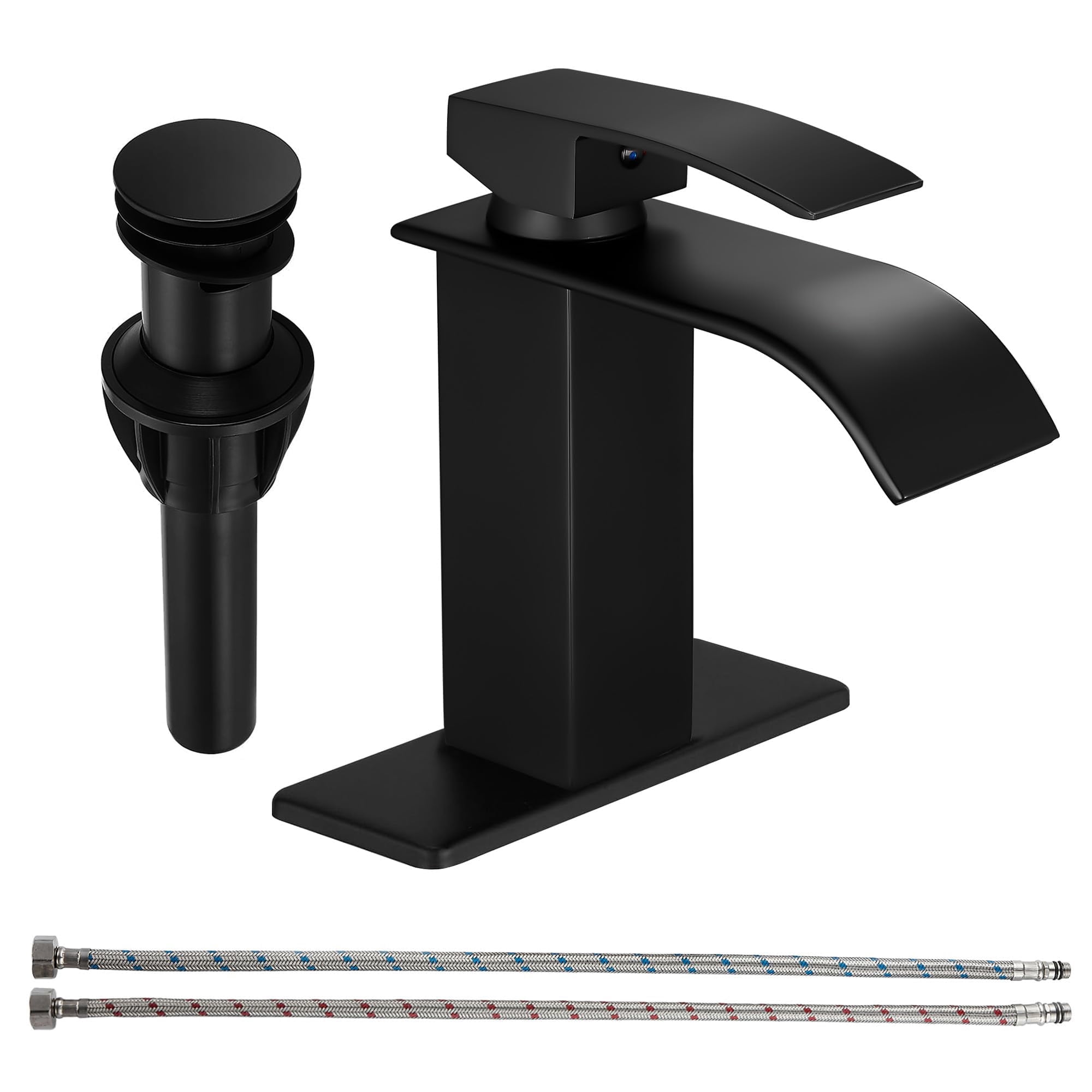 Waterfall Bathroom Faucet Lavatory Single Handle 1 or 3 Hole Bathroom Sink Faucet Washbasin Faucet with Deck and Pop-up Drain