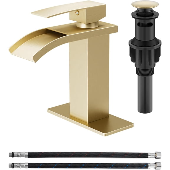 Waterfall Bathroom Faucet for 1 Hole, Single Handle Vanity Bathroom Sink Faucet with Deck Plate, Pop-up Drain & Lines, Brushed