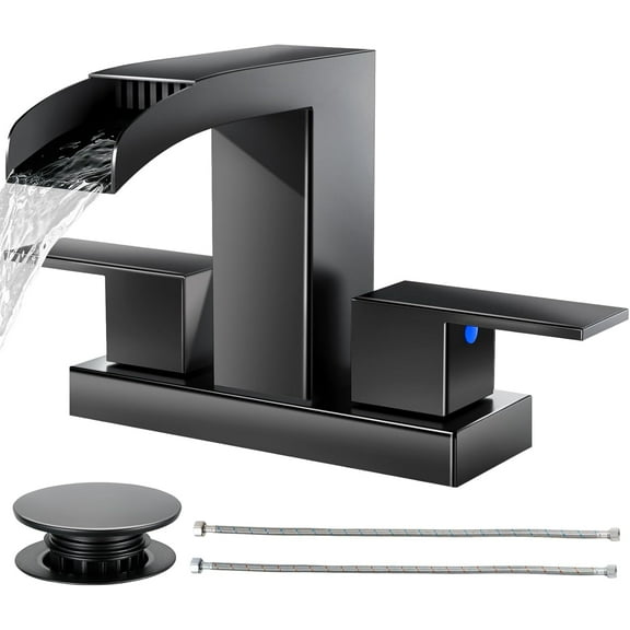 Waterfall Bathroom Faucets 3 Hole, Matte Black Bathroom Sink Faucet Square 4 Inch Centerset with Pop-Up Drain, 2 Handle and 2 Supply Hoses, Lead-Free Stainless Steel for Vanity Sink Rv