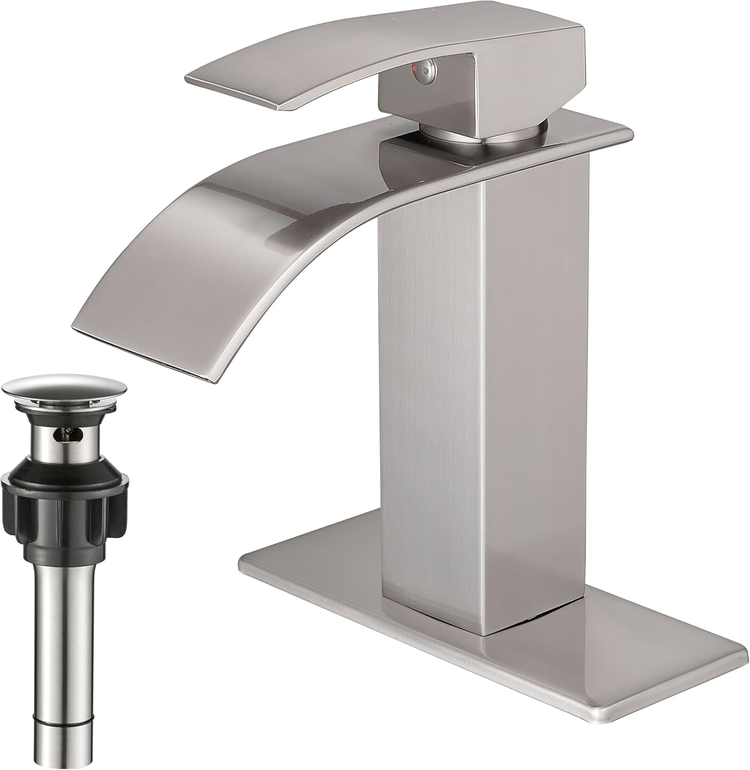 Waterfall Bathroom Faucets Brushed Nickel Modern Bathroom Sink Faucet Single Handle Bathroom Faucet for 1 or 3 Holes with Deck Plate and Pop-Up Drain, Rv Sink Camper Farmhouse Bathroom Faucet