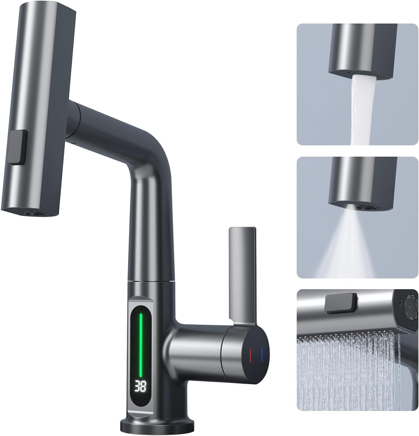 Waterfall Bathroom Faucets with Pull Down Sprayer, Modern Pull Out Bathroom Sink Faucet with ...