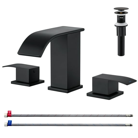 Waterfall Bathroom Faucets for Sink 3 Hole - Matte Black Bathroom Faucet with Pop-up Drain, 8 Inch Widespread Bathroom Sink Faucet 2-Handles, Modern Vanity Faucet with Supply Lines