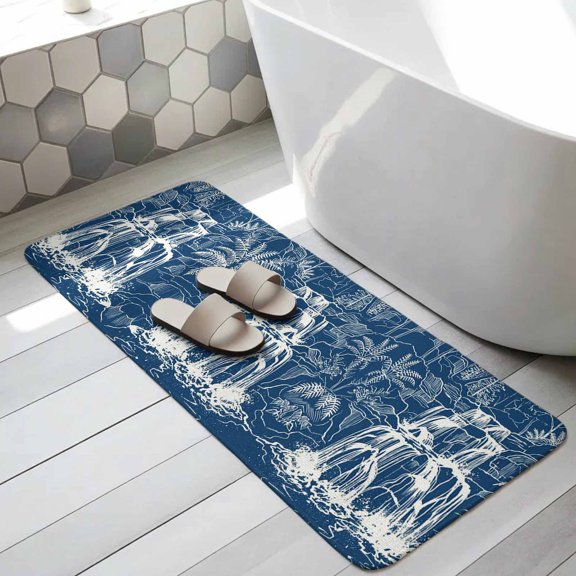 Waterfall Bathroom Runner Rugs Non Slip Washable Absorbent Narrow Long Bath Mat Blue Chic Vintage Tree Plants Natural Scenery Art Runner Rugs for Kitchen Hallway Bedroom Laundry 15.7"x47.2"