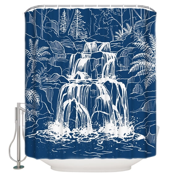 Waterfall Bathroom Shower Curtains with 12 Hooks Waterproof Shower Curtain for Stalls and Bathtubs Blue Chic Vintage Tree Plants Natural Scenery Art Decorative Bathroom Privacy Curtain 72x72 Inches