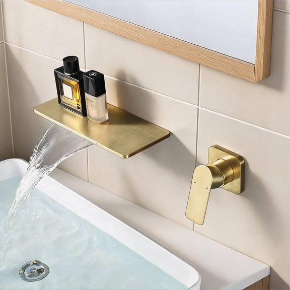 Waterfall Bathroom Sink Faucet Gold Finish Brass Wall-Mounted for Bathroom Vanity