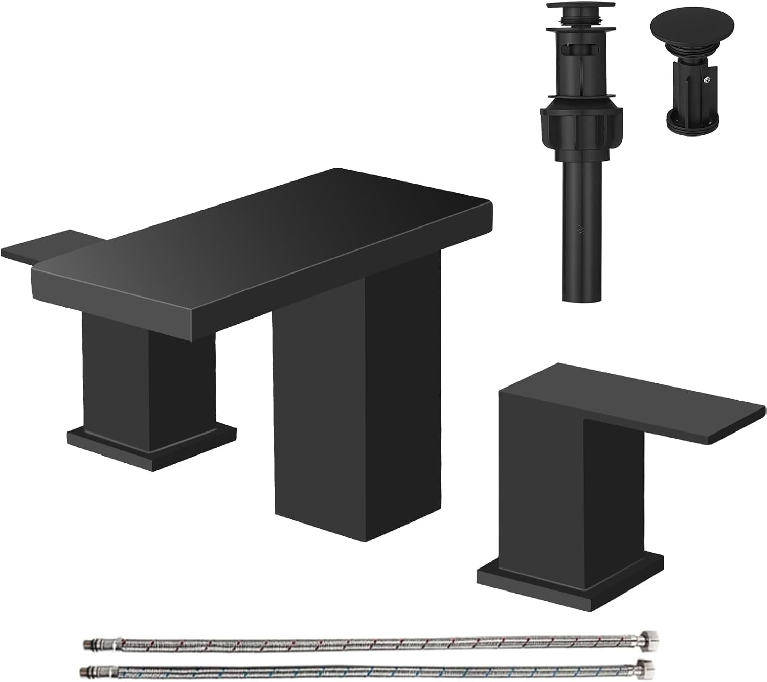 Waterfall Bathroom Sink Faucet, Square Two Handle Vanity Black Bathroom Faucet, 3 Holes Faucet with Pop Up Drain, Stainless Steel, Matte Black
