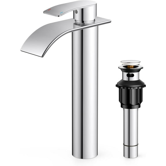 Waterfall Bathroom Vessel Sink Faucets with Metal Pop up Drain and Lead-Free cUPC Hose, Chrome Single Handle Tall Bathroom Faucet 1 Hole, 11inch for Bath,Vessel