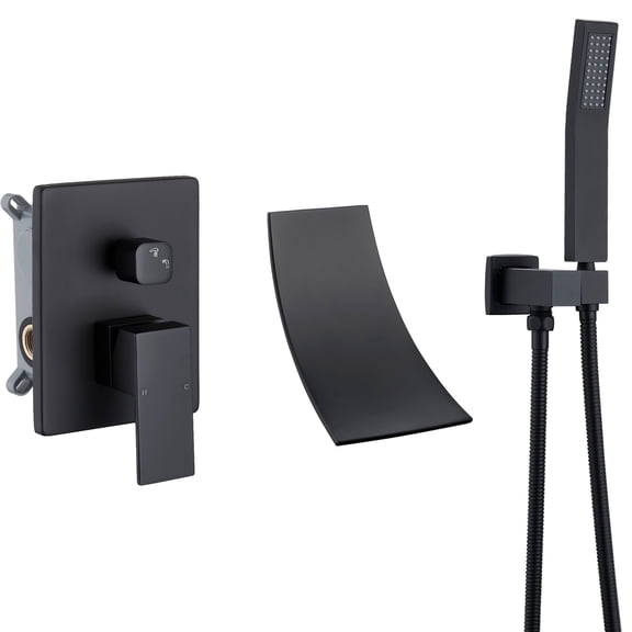 Waterfall Bathtub Faucet Matte Black Wall Mounted and Hand-held Shower Tub Spout Bathroom Tub Filler One Handle Shower Kit Rough-in Valve