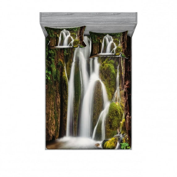 Waterfall Bedding Set with Sheet & Covers, Epic Waterfall down the Cliffs Deep in Forest Natural Wonders Cascade Picture, Printed Bedroom Decor 2 Shams, 4 Sizes, White Green, by Ambesonne