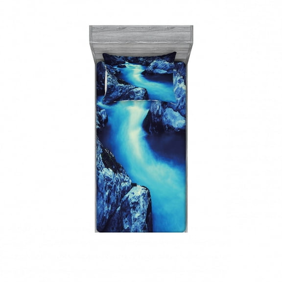 Waterfall Bedding Set with Sheet & Covers, Frozen Dangerous Lake with Atmosphere of a Cave and Snow on the Rocks Nature, Printed Bedroom Decor 2 Shams, 4 Sizes, Blue and Black, by Ambesonne