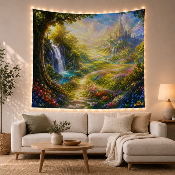Waterfall Beside Gnarled Tree with Castle View, Serene Fantasy Style for Nature Lovers, Waterfall Wall Decor Housewarming Gift, Tapestry Wall Hanging for Bedroom and Dorm