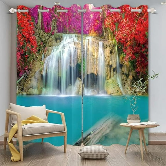Waterfall Blackout Curtains, Autumn Forest Water Flows Thermal Insulated Curtains For Bedroom, Nature Landscape Window Drapes For Living Room 53"W x 63"L (Pack of 2)