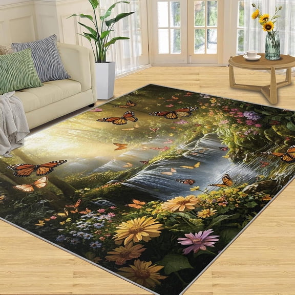 Waterfall Butterfly Area Rug, Woodland Forest Washable Rug, Non Slip Low Pile Carpet for Living Room Bedroom Kids Room 2x3ft