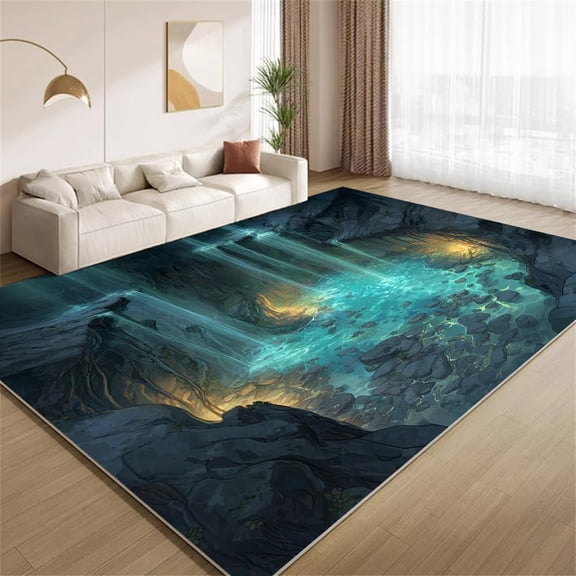 Waterfall Cave Area Rugs, Underground Lake Nature Pattern Carpet, Washable Non Slip Low Pile Soft Rug for Living Room Bedroom Decor Mat 2ftx3ft