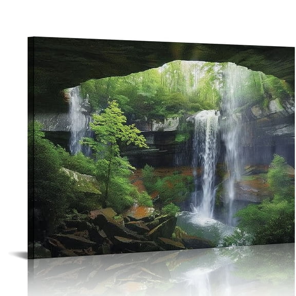 Waterfall Cave Forest Print on Canvas Wall Decor for Home Bathroom Ready to Hang Art Decor 20x16in