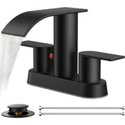 TVOFEK Waterfall Centerset Bathroom Faucets for 2 or 3 Hole with Metal Pop up Drain and cUPC Hose, 4 inch Matte Black Two Handles Basin Sink Faucet for Vanity RV Lavatory