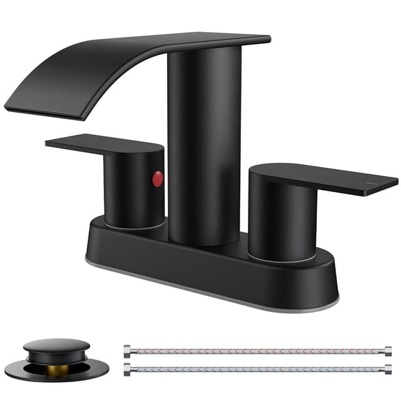 TVOFEK Waterfall Centerset Bathroom Faucets for 2 or 3 Hole with Metal Pop up Drain and cUPC Hose, 4 inch Matte Black Two Handles Basin Sink Faucet for Vanity RV Lavatory