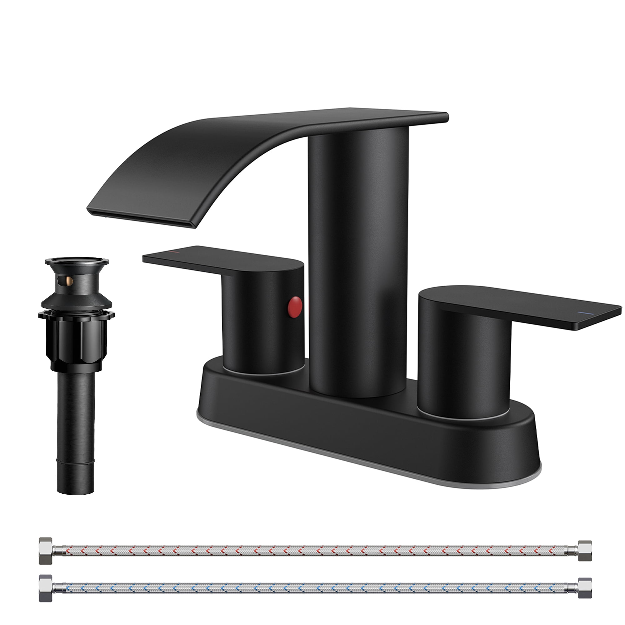 TVOFEK Waterfall Centerset Bathroom Faucets for 2 or 3 Hole with Metal Pop up Drain and cUPC Hose, 4 inch Matte Black Two Handles Basin Sink Faucet for Vanity RV Lavatory