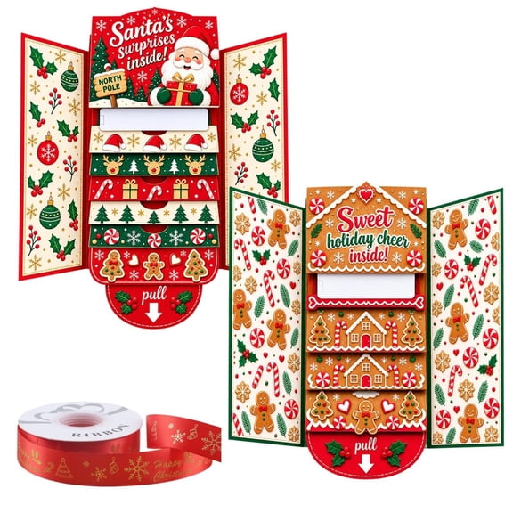 Waterfall Christmas Gift Card Booklet Handmade Money Envelopes with Ribbon, Pull-Out Design Stocking Stuffers Xmas Festive Holiday Party Supplies Surprise Greeting Card for Family Friend