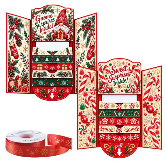 Waterfall Christmas Gift Card Booklet Handmade Money Envelopes with Ribbon, Pull-Out Design Stocking Stuffers Xmas Festive Holiday Party Supplies Surprise Greeting Card for Family Friend