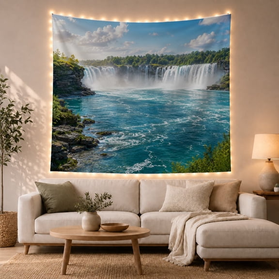 Waterfall Over Cliffs Into Turquoise River, Serene Digital Art for Nature Lovers, Scenic Home Decor, Housewarming Gift, Tapestry Wall Hanging for Bedroom and Living Room