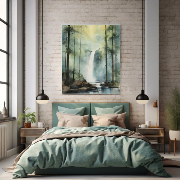 Waterfall Coastal Forest Scene Wall Decor Unframed Paper Print