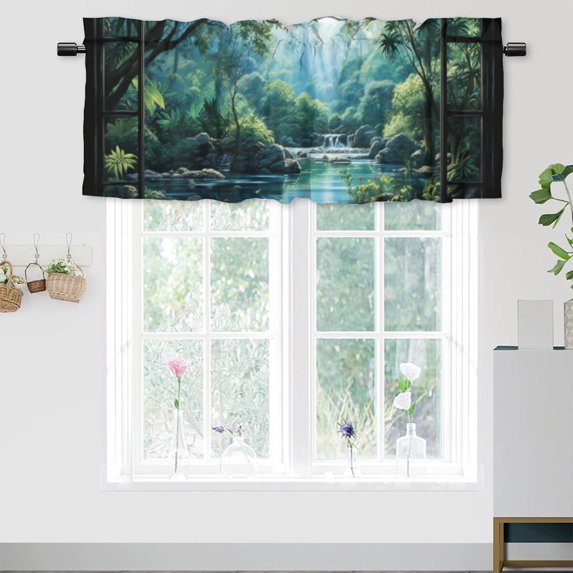 Waterfall Curtain Valance for Kitchen Forest Flowers Window View Nature Landscape Rod Pocket Valances for Bedroom Living Room Dining Room 54 by 18 in, 1 Panel