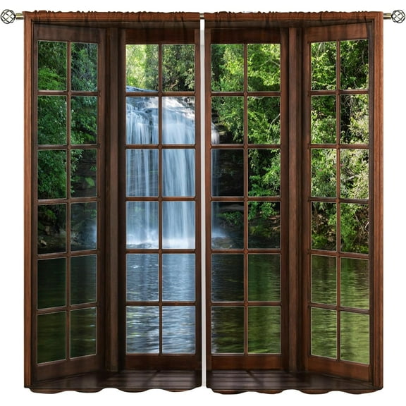 Waterfall Curtains, Nature Landscape Theme Forest Mountain Waterfall Scenery Scene 3D Print Pattern Window Treatments for Bedroom Living Room Kitchen Drapes 63x72 Inch