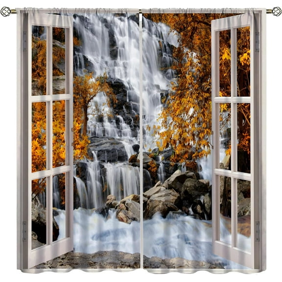 Waterfall Curtains,Nature Landscape Theme Forest Mountain Waterfall Scenery Scene Print Pattern Window Drapes for Bedroom Living Room 53"W x 96"L (Pack of 2)
