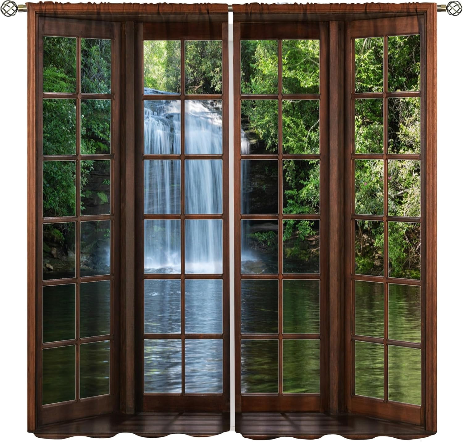Waterfall Curtains, Nature Landscape Theme Forest Mountain Waterfall ...