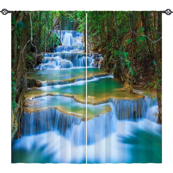 Waterfall Curtains Nature Landscape Theme Window Drapes with Summer Forest Waterfall Scenery Scene Print Pattern Rod Pocket Curtains for Bedroom Living Room Cafe Office, 2 Panels, 42 x 63 Inch