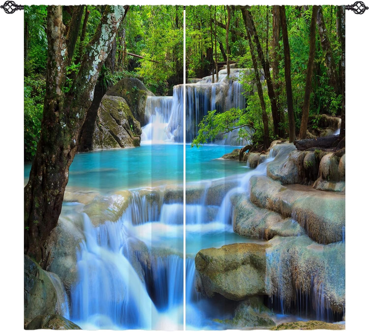 DDCBNS Nature Forest Curtains,Woodland Nightscape Waterfall Moon Peacock 3D Printed Polyester Fabric Curtains For Bedroom Living Room Kitchen Café Window Drapes 2 Panels Set,Total Size 42" X 45