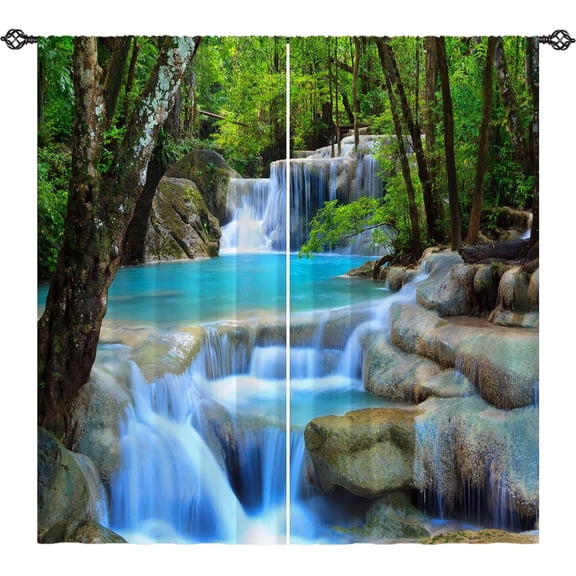 Waterfall Curtains Nature Scenery Theme Window Drapes with Spring Forest Tree Waterfall Landscape Print Pattern Rod Pocket Decor Curtains for Bedroom Living Room Office, 2 Panels, 52 x 63 Inch